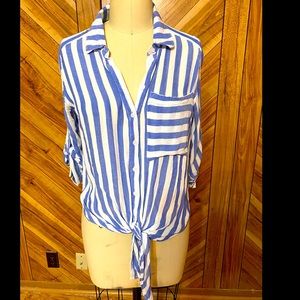 Blue and white striped tie front top